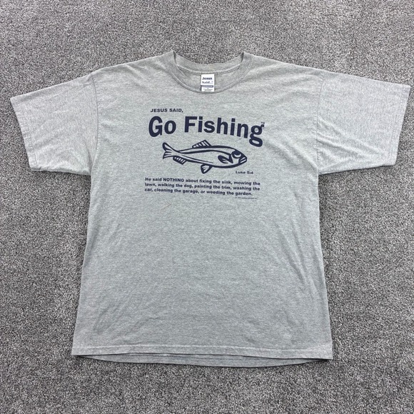 Vintage Jesus Said Go Fishing Shirt Mens XL Gray Religious Funny Joke Luke 5:4 - Picture 1 of 5